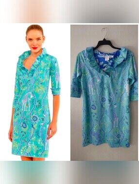 Gretchen Scott NWT Medium Ruff Neck Jersey Dress Jungle Symphony Turqoise